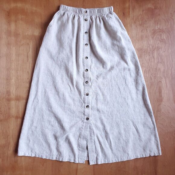 Vintage Linen Blend Button Front Skirt XS Beige 24 x 33.5 Minimalist Lagom 80s - Picture 4 of 8